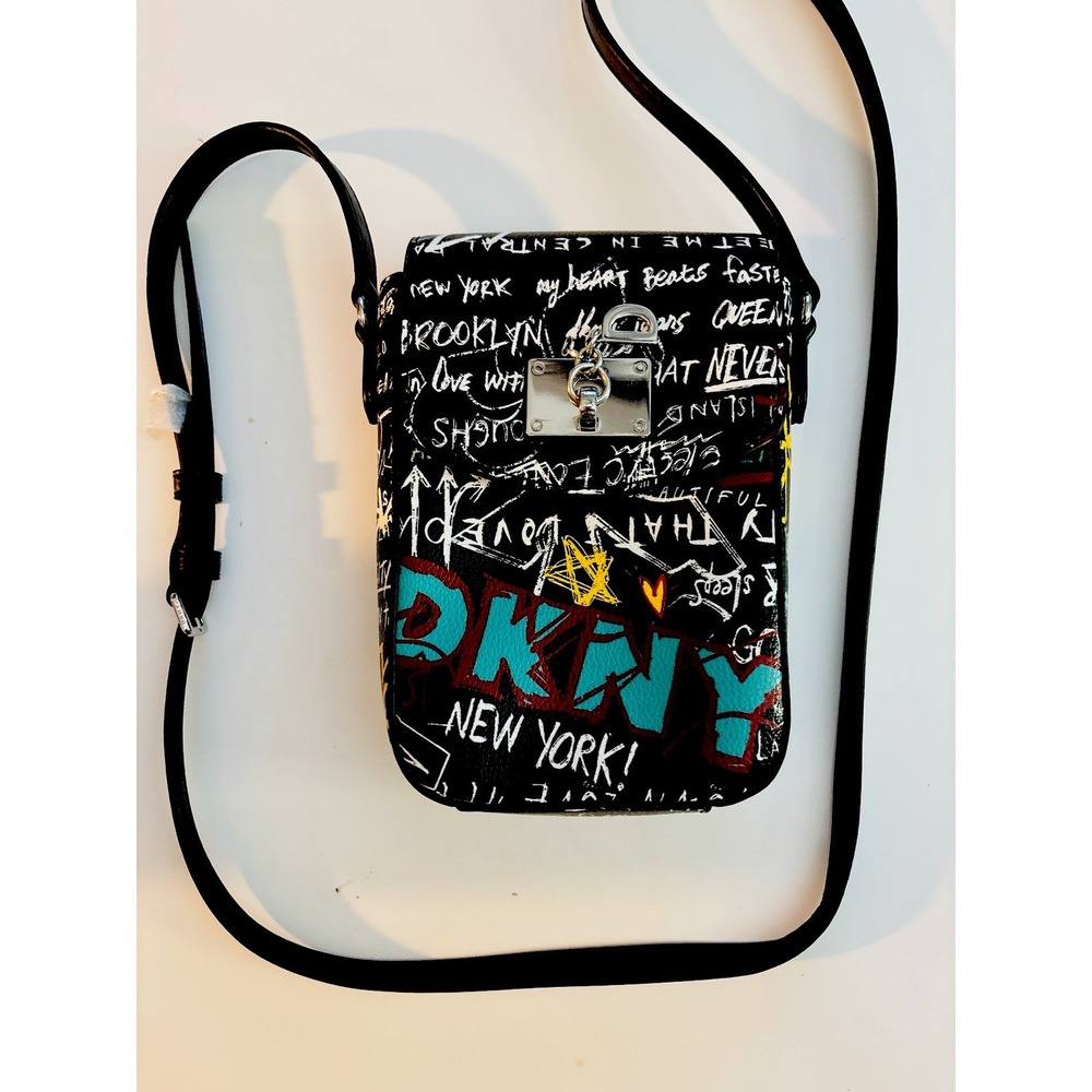 DKNY Black Graffiti Crossbody Bag with Teal and Yellow Accents